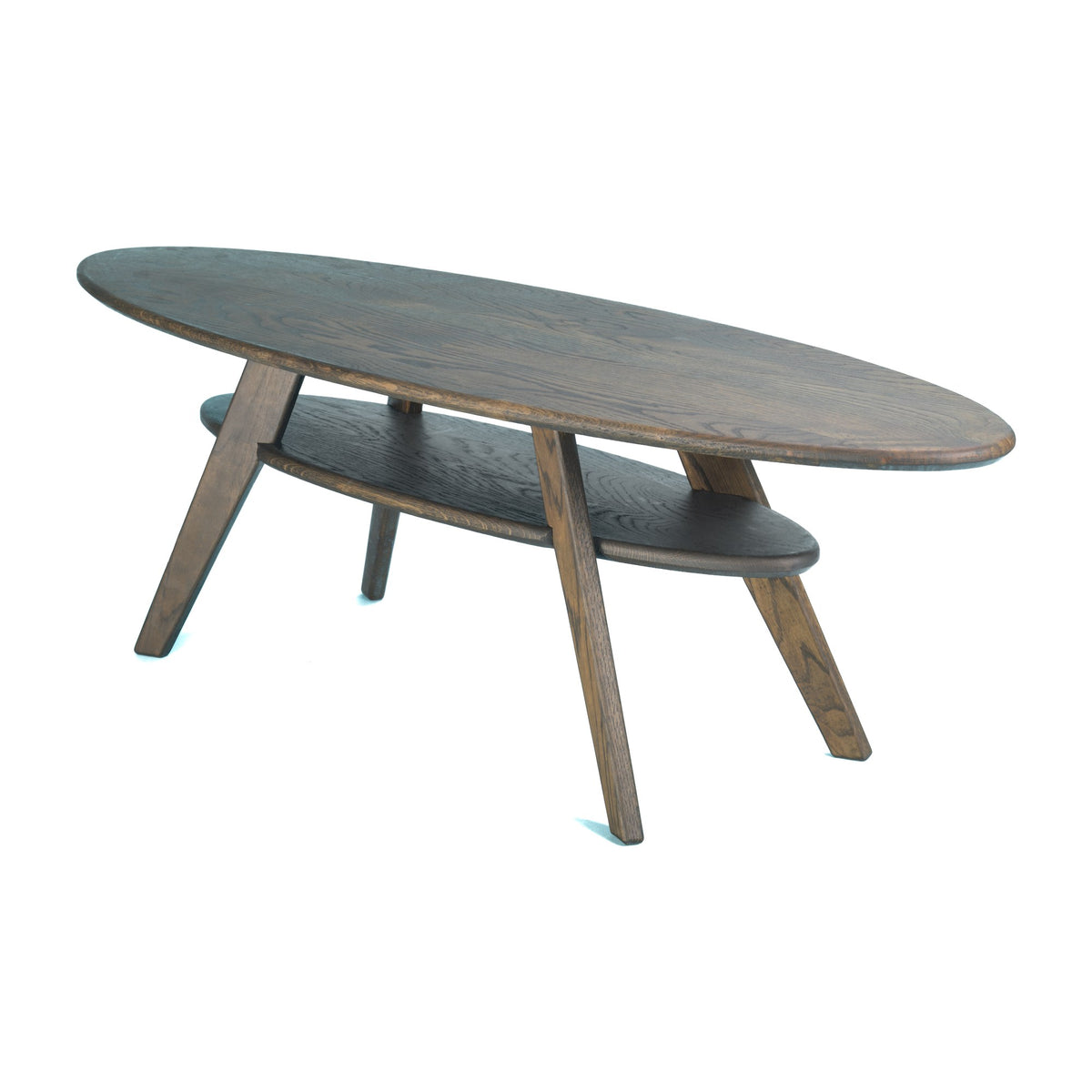 Dawn Patrol oval coffee table in solid oak, Charcoal, three-quarter view