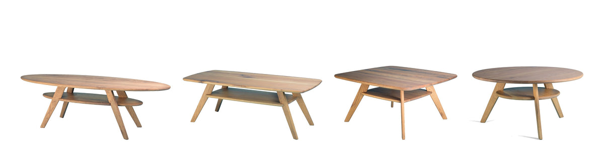The four Endless Summer coffee tables in solid oak: Dawn Patrol, Solstice, Equinox and First Light