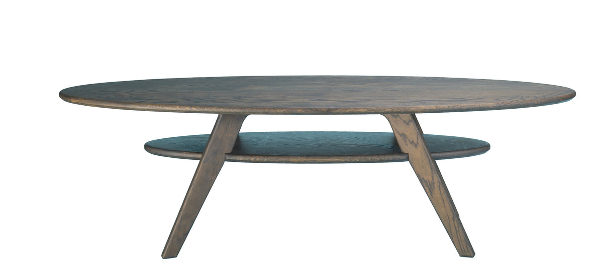 Dawn Patrol oval coffee table in solid oak, Charcoal, side view