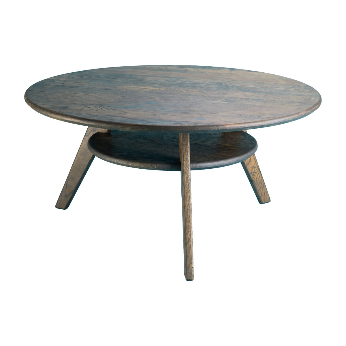 First Light round coffee table in solid oak, Charcoal, three-quarter view
